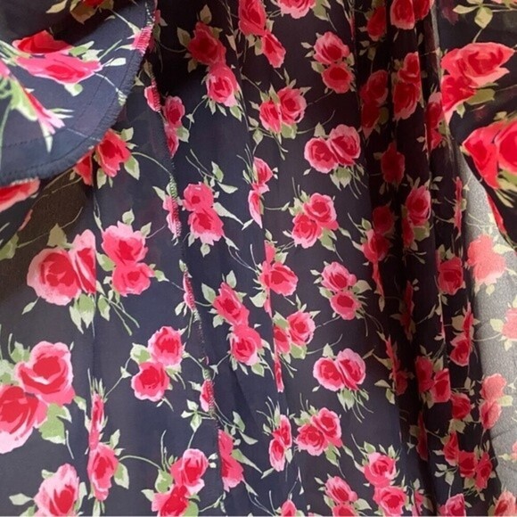 Karin Stevens Vintage 90s Black Rose Print Semi Sheer Midi Dress Size 6 - Picture 12 of 14